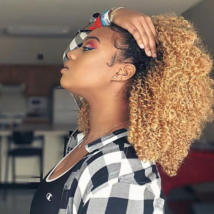 Virgem Human Blonde Afro Puff Phugestring Ponytail Extension Para mulheres negras, rabo de cavalo de puff de afro curto para cabelos naturais, clipe sobre pão de cavalo de rabo de cavalo de cordão curto