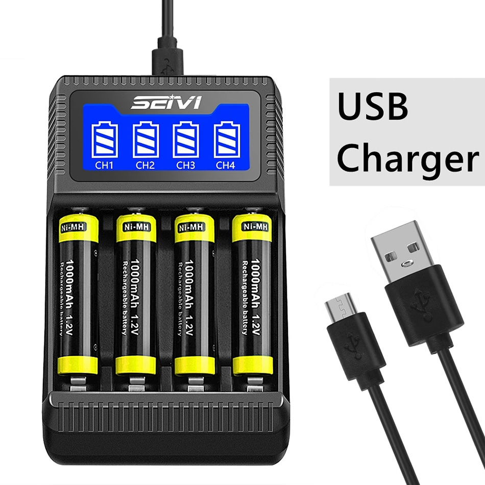 4 Slot AA AAA Battery Charger USB Chargers with LCD Display for 1.2V NiMH NiCD Rechargeable Batteries