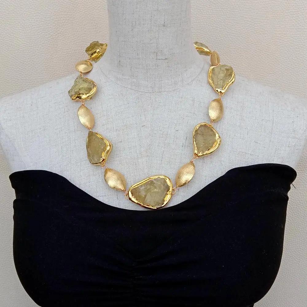 Necklaces Y.YING Natural Lemon Quartz Rough Raw Necklace Gold Plated Brushed Bead Yellow Gemstone Semi Precious Women Jewelry