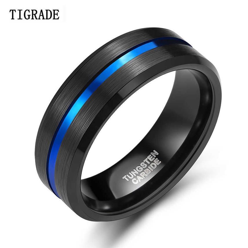 TIGRADE 8mm hommes noir carbure de tungstène anneau mince ligne bleue bande de mariage Vintage hommes bijoux Anime Anel Masculino Aneis taille 6-15 2344Q