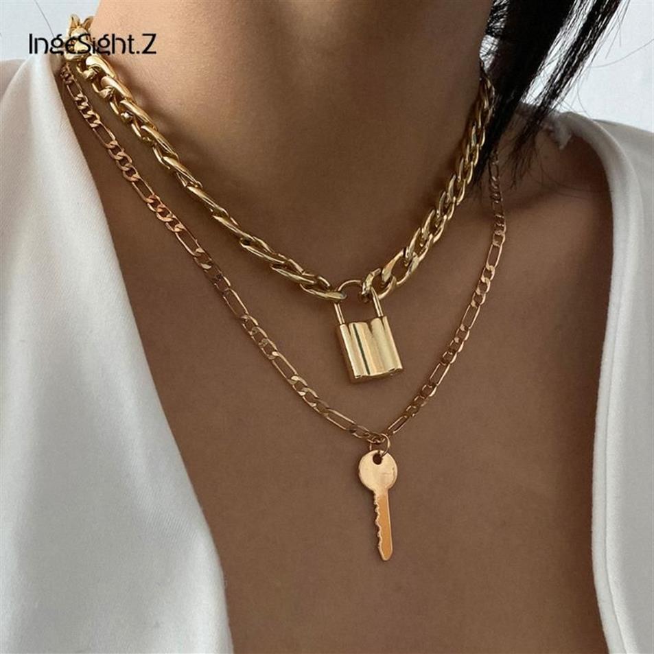 IngeSight Z 2 pièces ensemble Vintage multicouche cadenas collier ras du cou mode couleur or serrure clé pendentif colliers pour femmes bijoux C2420