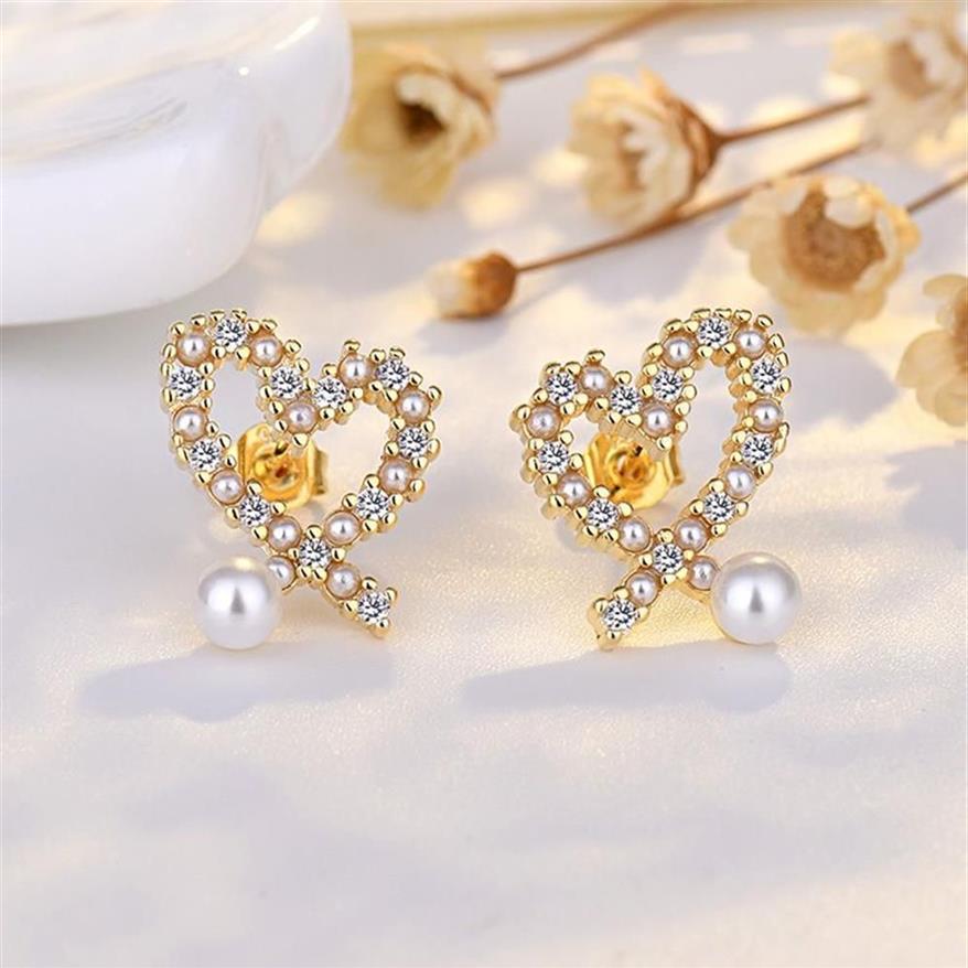 925 silver OL sweet love heart stud earrings with shining crystal bling diamond 18K gold luxury pearl designer ear rings earings e2279