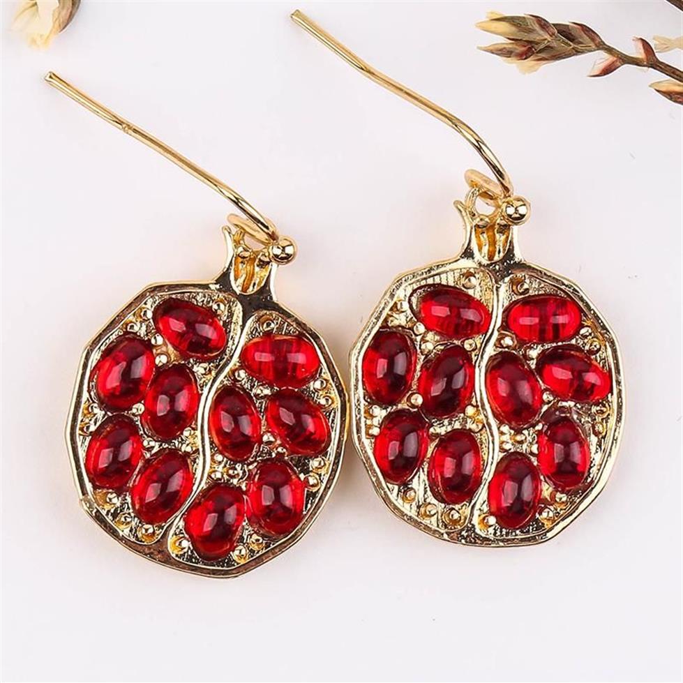 Dangle lustre Vintage frais rouge pierre goutte boucle d'oreille intéressant grenade en forme d'or couleur boucles d'oreilles ensemble de bijoux pour les femmes 241N