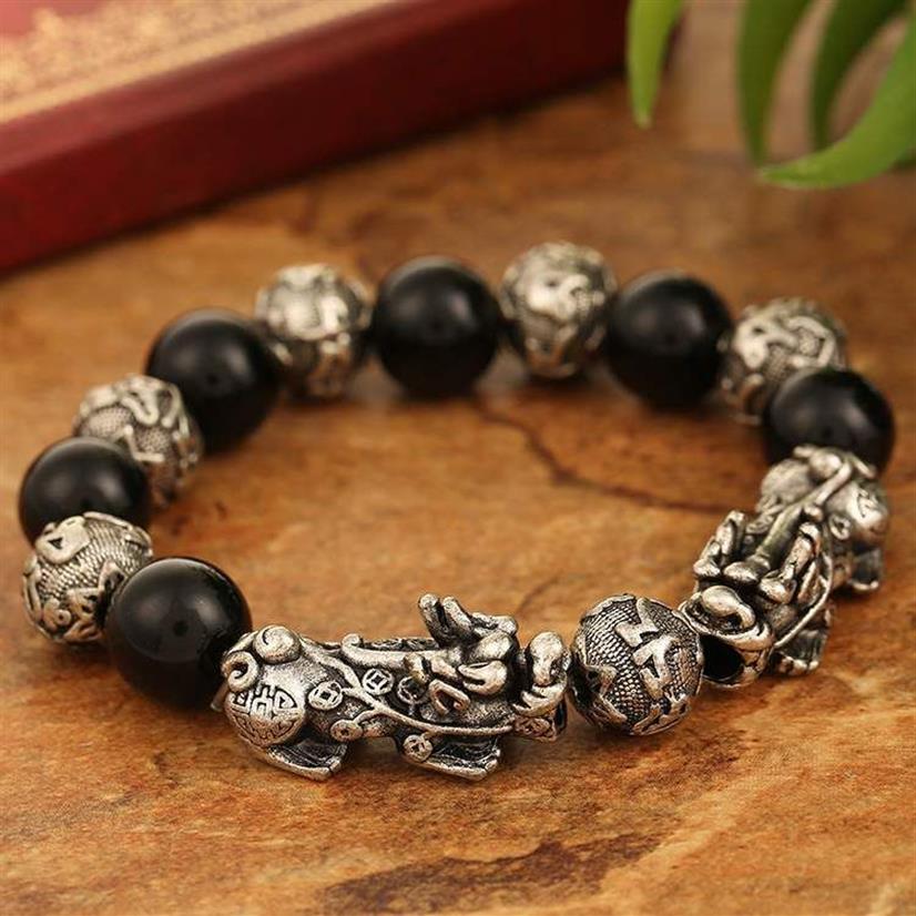 Feng Shui Lucky Plated Antique Silver Double Pixiu Bracelet Nutural Stone Obsidian Beads Bracelet For Men290p