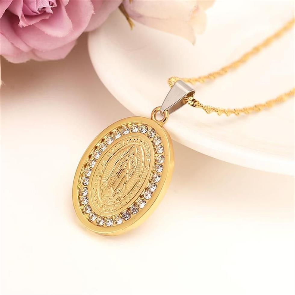 Colar de declaração de jóias religiosas punk feminino acessórios masculinos 14k fino sólido amarelo ouro gf correntes virgem maria cristal cz pendan189h