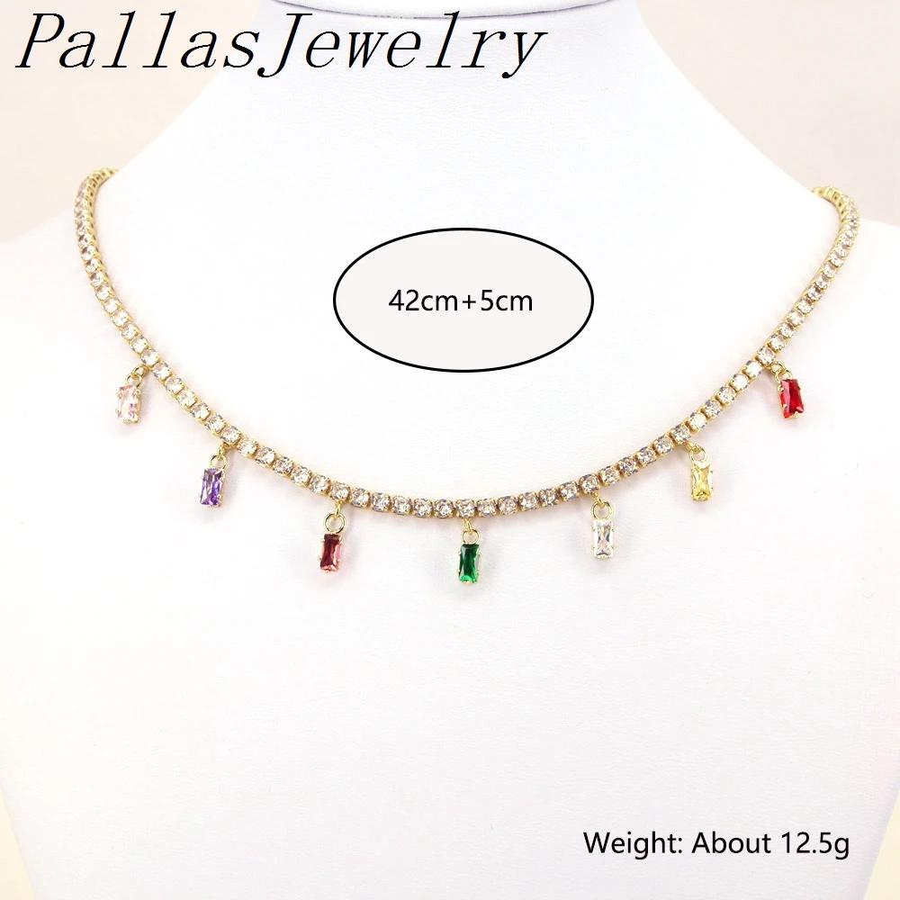 Ожерелья, 5 шт., женские радужные цвета, циркониевый багет, позолоченный кулон, изящная многослойная цепочка, модные подвески, теннисная цепочка, ожерелье