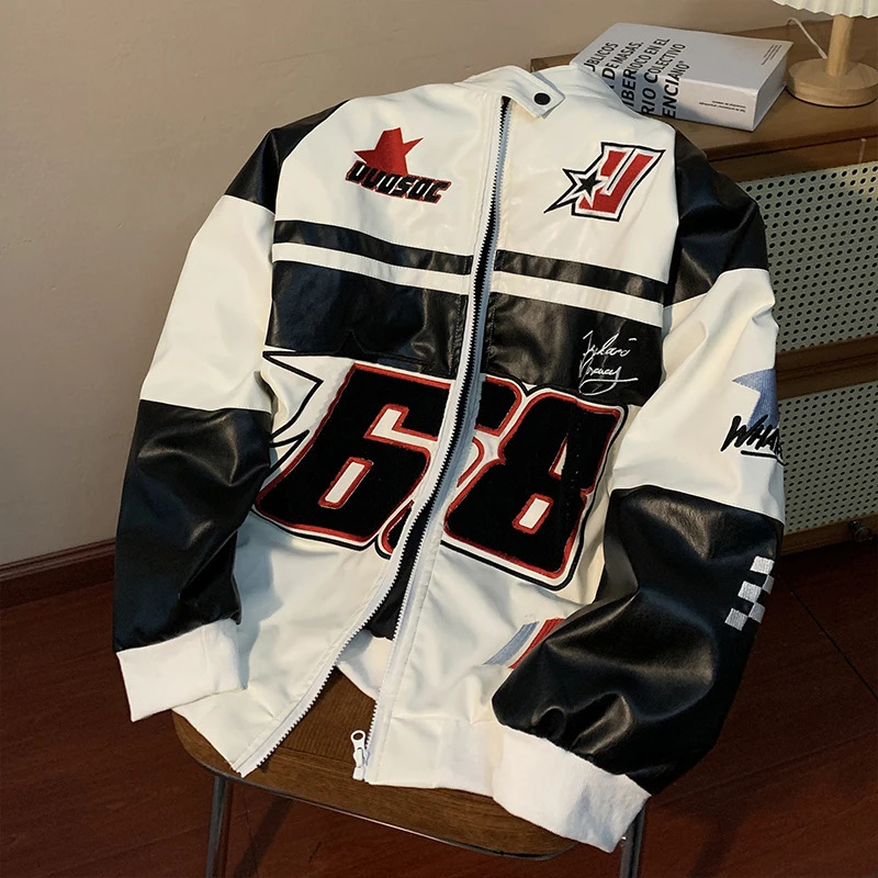 Gmiixder American Hip-Hop Racing Mantel Motorrad Lederjacke Herren Flocked Stickerei Lose Lässige Winddichte Punk Vibe Jacke 231226