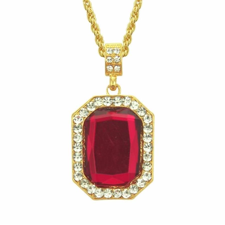 Hip Hop Bling Out Zirkonia Red Stone Square Anhänger Halsketten für Männer Schmuck mit 30 Zoll Goldkette283P