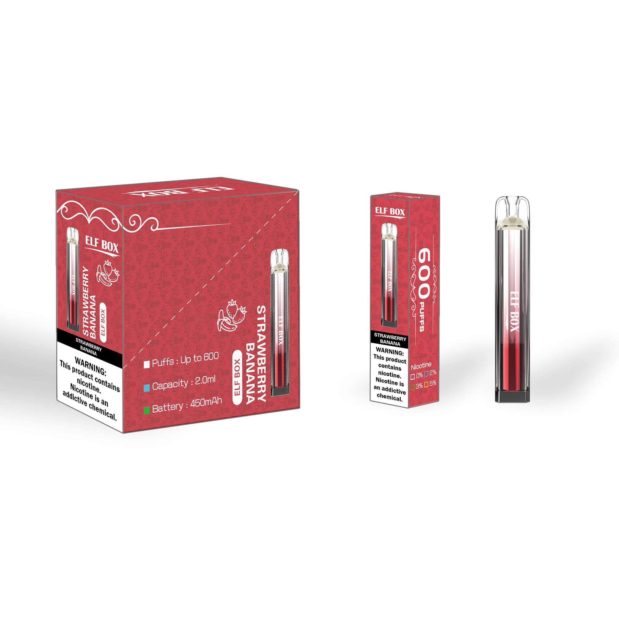 Original Elf Box 600 Puffs Disposables Vapes Pen Puff 600 Elektroniska cigaretter 2 ml 450 mAh POD Mesh Coil 0% 2% 3% 5% nivå förångare 850 mAh Uppladdningsbar mesh -spole