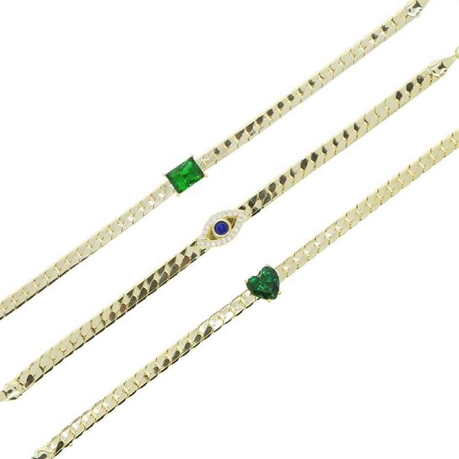 Link Chain 5mm Herringbone With Single Green Heart Rectangle Eye Charm Gold Color European Women Fashion Bracelet Rodn22331Z