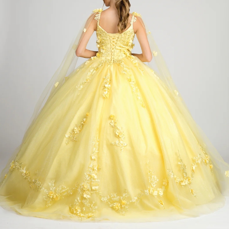 Żółte sukienki Quinceanera Pasek spaghetti z peleryną słodką 16 suknie 3d Kwique koronkowy koralika Tull vestidos 15 de