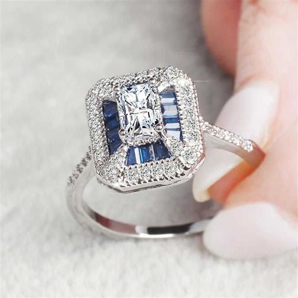 Bröllop 14K Guldsmycken Square Sapphire Ring för kvinnor peridot anillos blå topas ädelsten bizuteria diamant smycken ringar323p