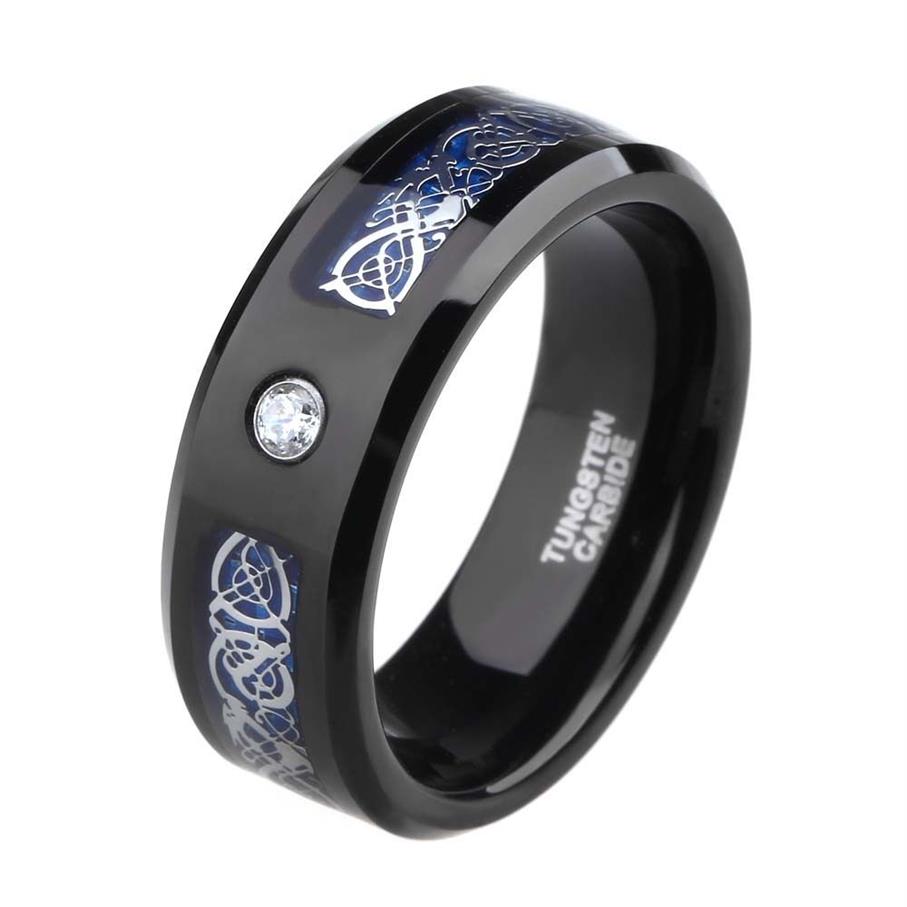 8mm Zirconia Blue Carbon Keltische Draak Wolfraamcarbide Ring Mannen Engagement Wedding Band Ringen Van Eer Anillos Hombre C1904242l