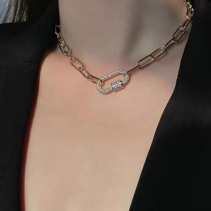 Collier avec pendentif trombone en strass pour femmes, couleur or, chaîne à maillons épais, colliers ras de cou, bijoux Chains260Q