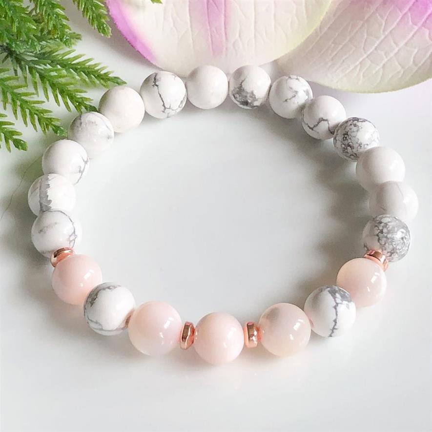 MG1106 Grado superiore Opale rosa Howlite Ansia Sollievo Protezione energetica Bracciale Cristalli curativi Bracciale Yoga Mala le donne266J