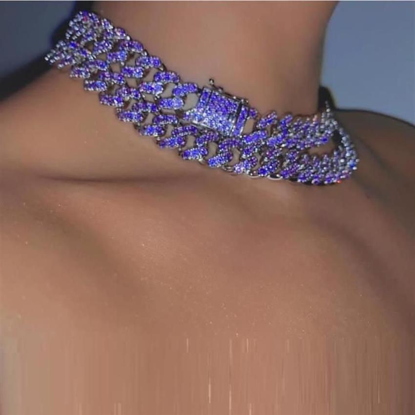 Gargantilla de cadena de eslabones cubanos de Miami de 12mm, micro pavé de circonita azul púrpura, collar de hip hop para mujer 16 18 304J