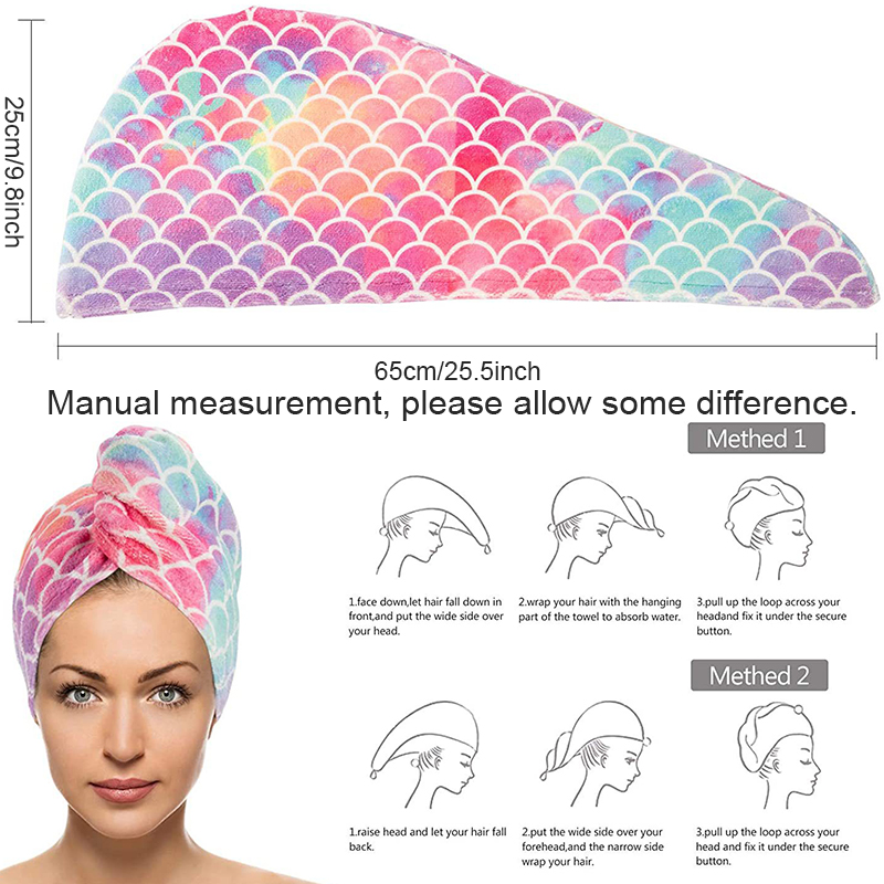 Chapeau de séchage de cheveux en microfibre Super Absorption, bonnet de serviette de soins capillaires enveloppé, bonnets de douche à séchage rapide, chapeaux de bain de salle de bain, motif d'écailles de poisson imprimé pour femmes HW0154