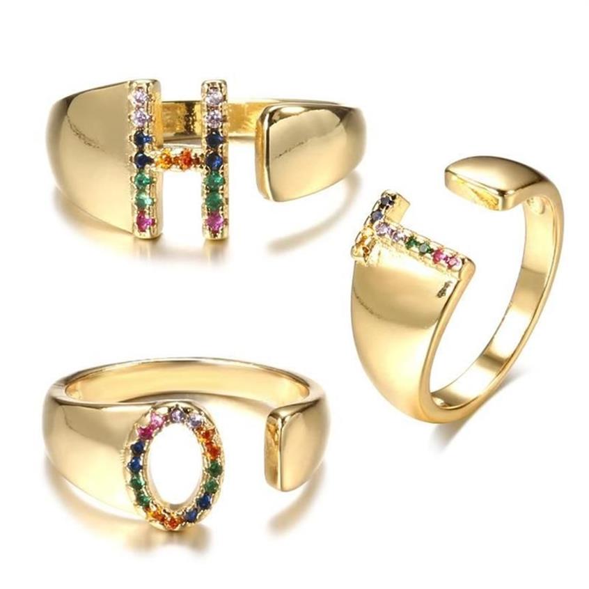 Klusterringar Justerbar initial ring för kvinnor Bohemian Rainbow Zircon Gold Color Letter Name Finger Men's Accessories Jewel301D