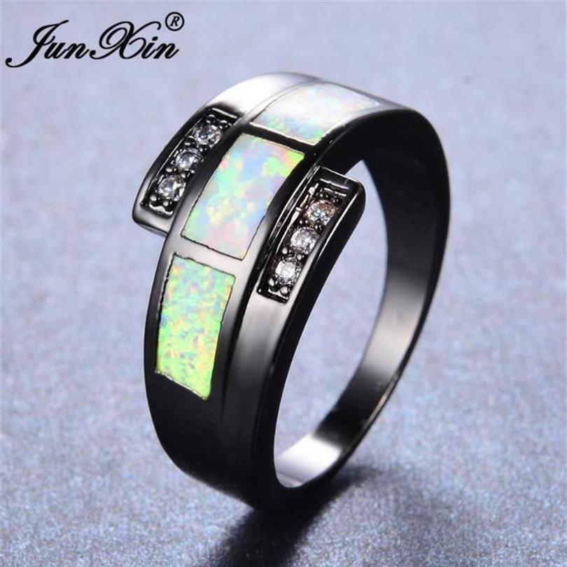 Anéis de casamento Junxin Anel de Opala de Fogo Branco com Zircão Vintage Preto Ouro Cheio Jóias para Homens e Mulheres Presente de Natal 300h