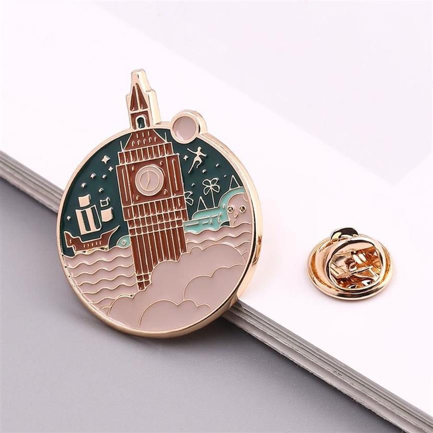 Engeland Retro Architectuur Klokkentoren Emaille Broche De Nachtelijke Hemel Wolken Bouwpak Reversspeld Mode Charme Sieraden Unisex 2010229V