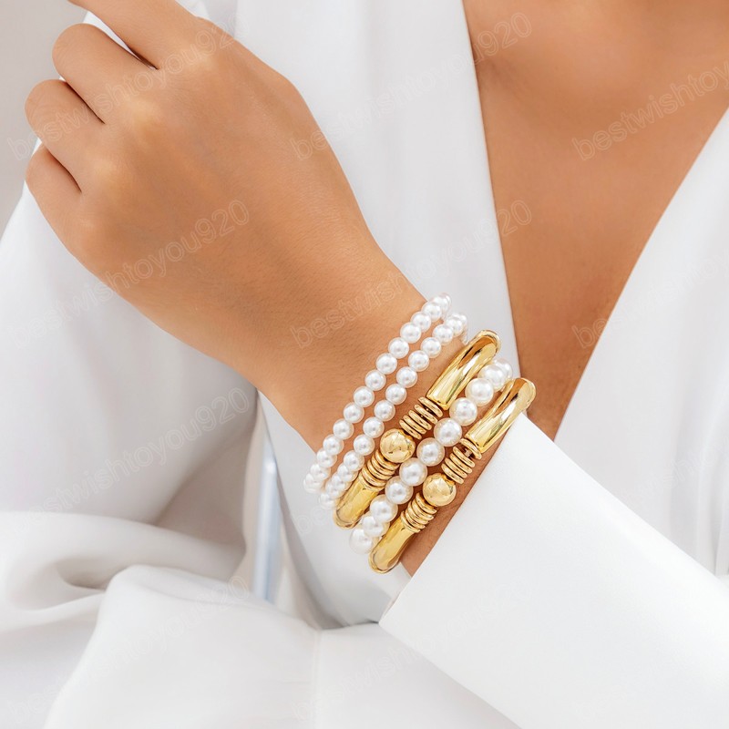 Bohemian Imitation Pearl Beaded Bracelet for Women Gold Color CCB Bend Tube Strand Bangles Fashion Party Jewelry Wedding