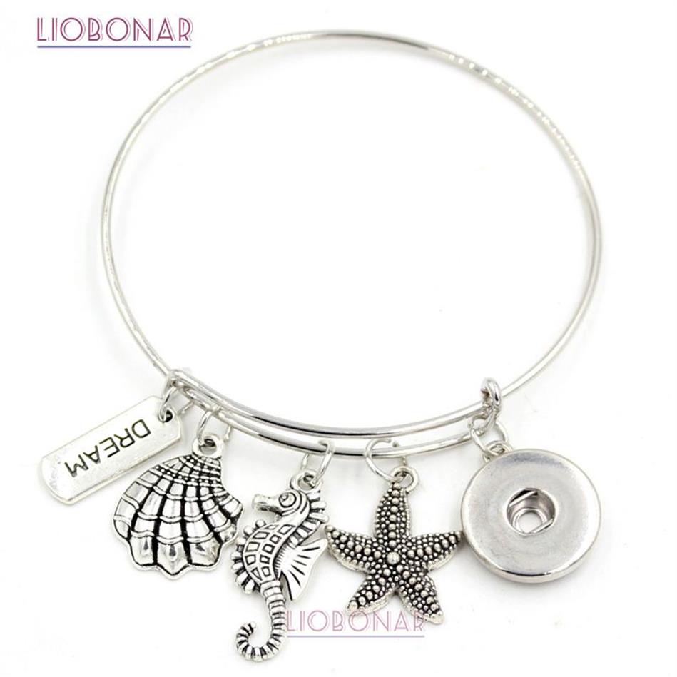 Nova chegada 18mm snap jóias fio pulseira oceano praia mar concha estrela do mar cavalo charme pulseiras botão snap br274k