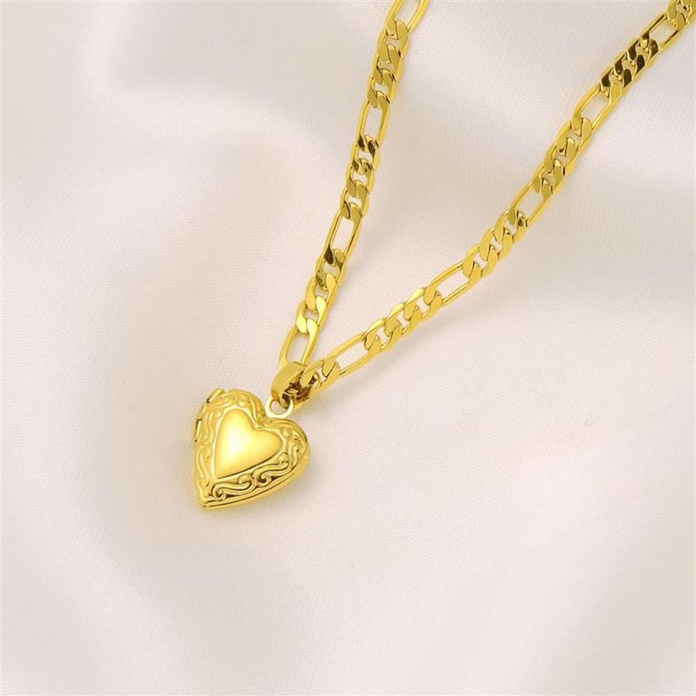 Womens Lines Heart Pendant Italian Figaro Link Chain Necklace 18k Solid Yellow Gold GF 24 3 mm313Z