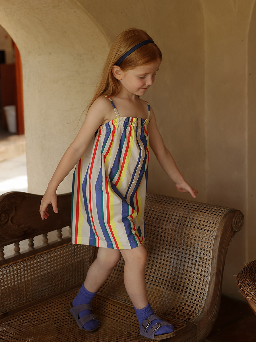 Girls colorful vertical stripe dew shouder overall kids loose suspender jumpsuits 2024 summer children beach holiday clothes Z6329