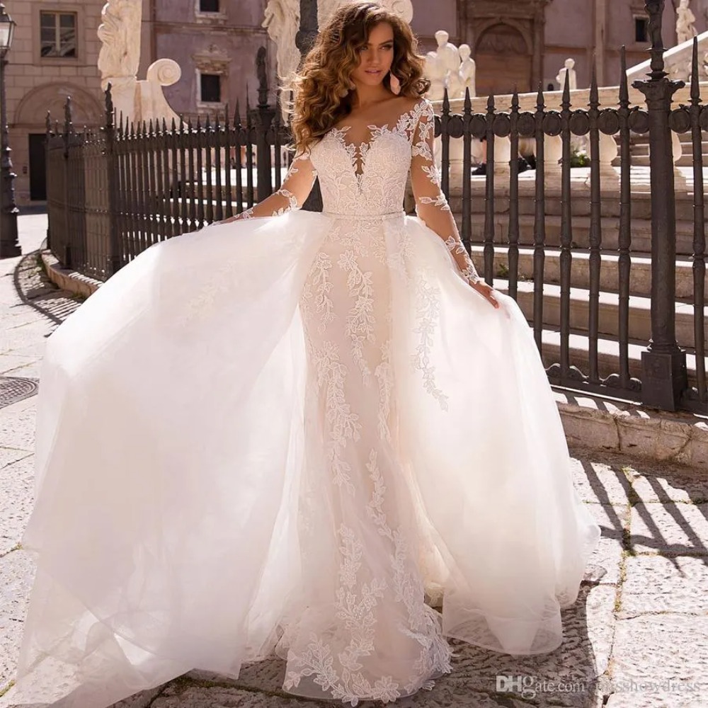 Superbe robe de mariée sirène en dentelle blanche sexy, haut en maille transparente, manches longues, avec jupe détachable, 2024