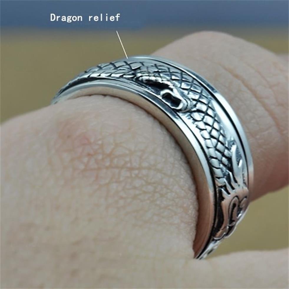 REAL PURE 925 Sterling Silver Dragon Rings for Men Rotertable Transfer Luck Vintage Punk Retro Style Anel Masculino Aneis Y1124242W