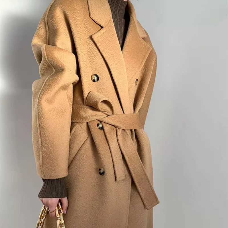Women's Wool Blends RosEvans Korean Winter Women Coat Warm 2023 New Fashion 100% Wool Long Trench Coat for Women Double Breasted Coat Women J231227