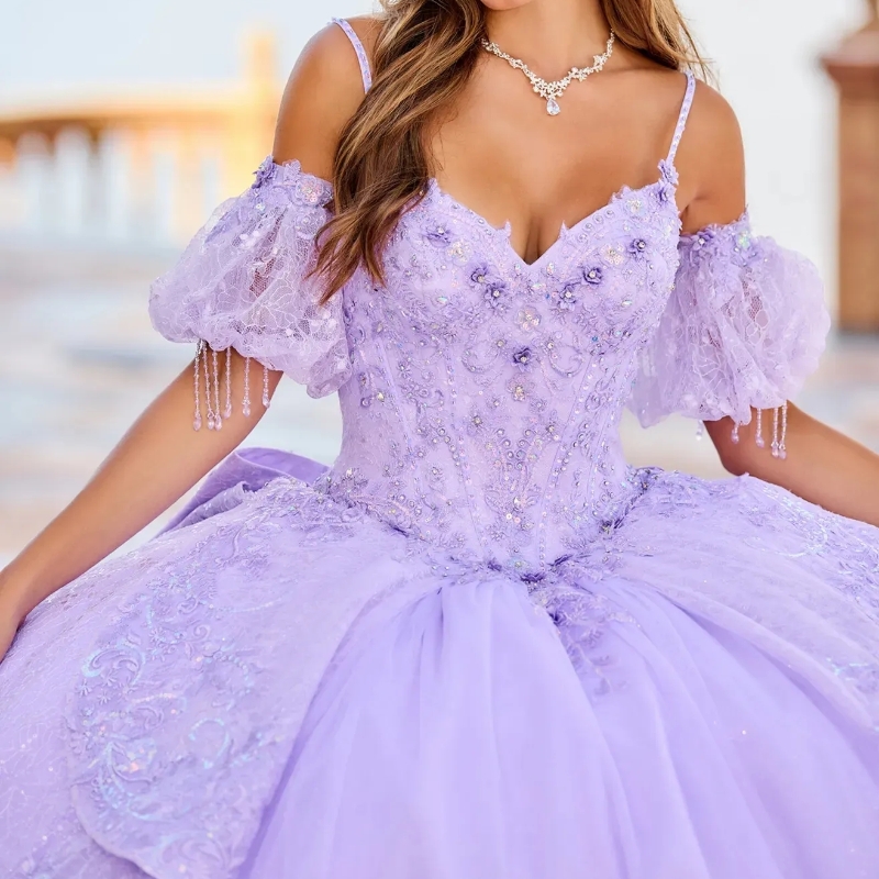 Lavendel Prinses Gezwollen Quinceanera Jurken Off-shoulder Applique Kant Kralen Veterkorset Kathedraal Trein vestido de 15 anos