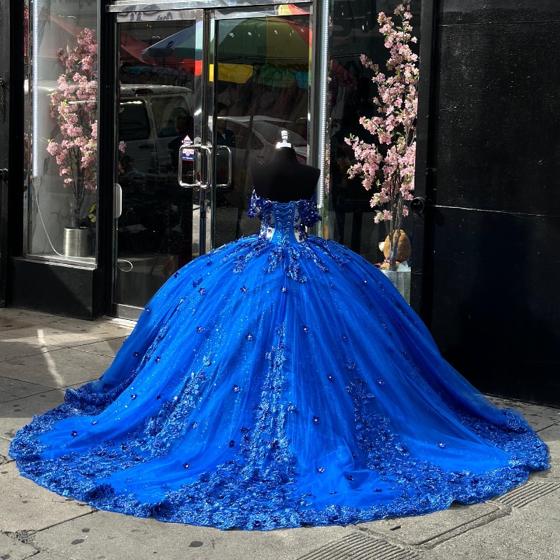 Blue Shiny Quinceanera Dresses Ball Gown Applique Lace Beads Birthday Party Dress Lace Up Graduation Gown Sweetheart de 15 anos