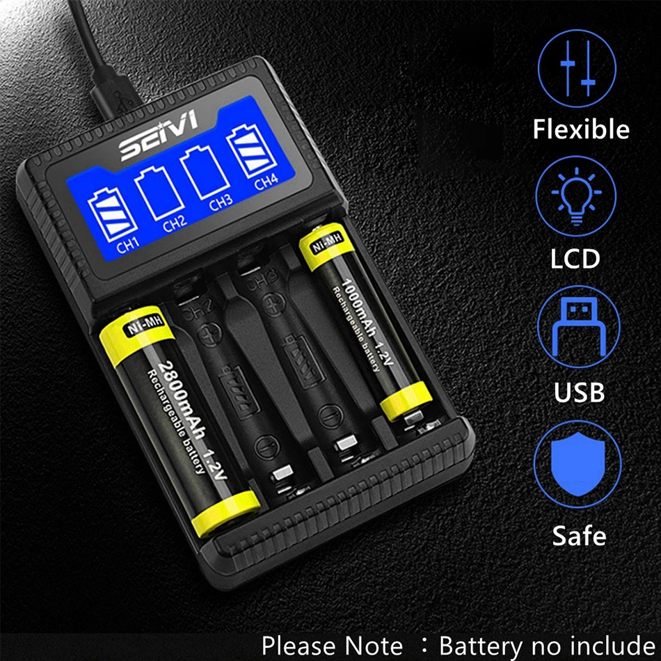 4 Slot AA AAA Battery Charger USB Chargers with LCD Display for 1.2V NiMH NiCD Rechargeable Batteries