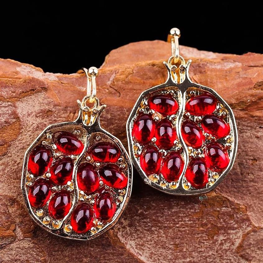 Dangle lustre Vintage frais rouge pierre goutte boucle d'oreille intéressant grenade en forme d'or couleur boucles d'oreilles ensemble de bijoux pour les femmes 241N