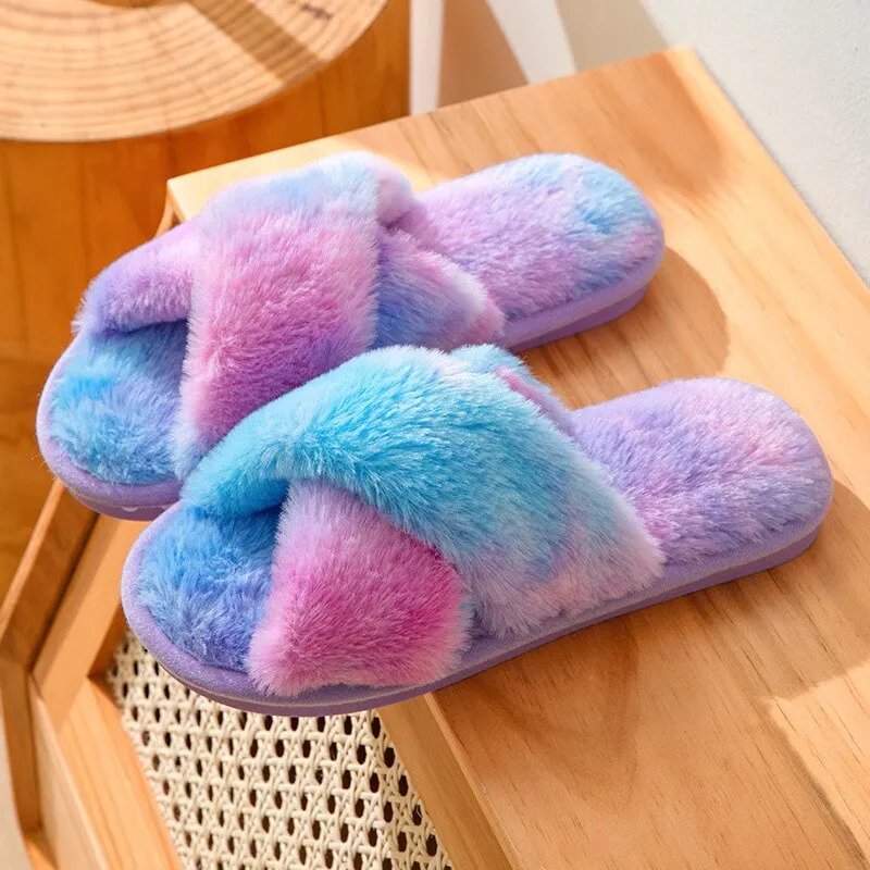 Pantoufles d'intérieur en peluche pour femmes, chaussures chaudes d'hiver, teinture par nouage, pantoufles moelleuses à sangle croisée, chaussures plates en fourrure, diapositives en coton à bout ouvert