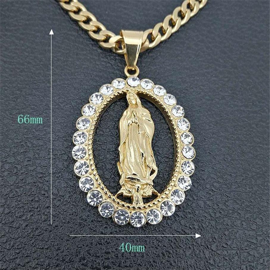 N7M7 Hip Hop Iced Out Bling Grande Vergine Maria Collane Pendenti Color oro Collana in acciaio inossidabile Madonna gioielli da donna Y12203079