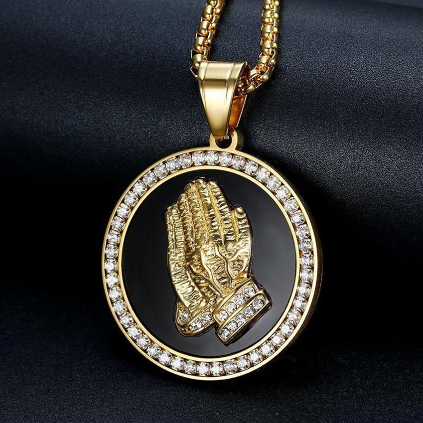 Ciondolo a mano in preghiera ghiacciato Hip Hop con catena da uomo color oro in acciaio inossidabile CZ con ciondolo rotondo collana gioielli regalo maschile1276W