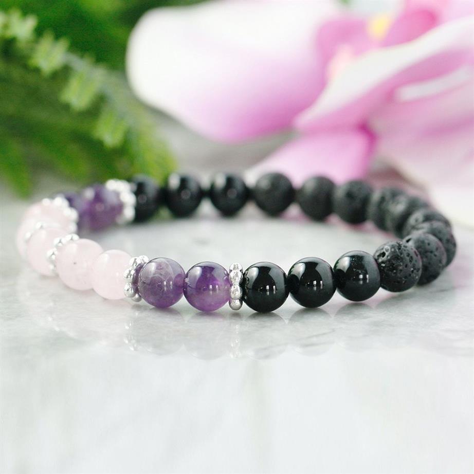 MG0951 Bracciale con ametista quarzo rosa Bracciale ragazze Chakra del cuore Bracciale portafortuna con tormalina nera naturale Bracciale Yoga Mala296t