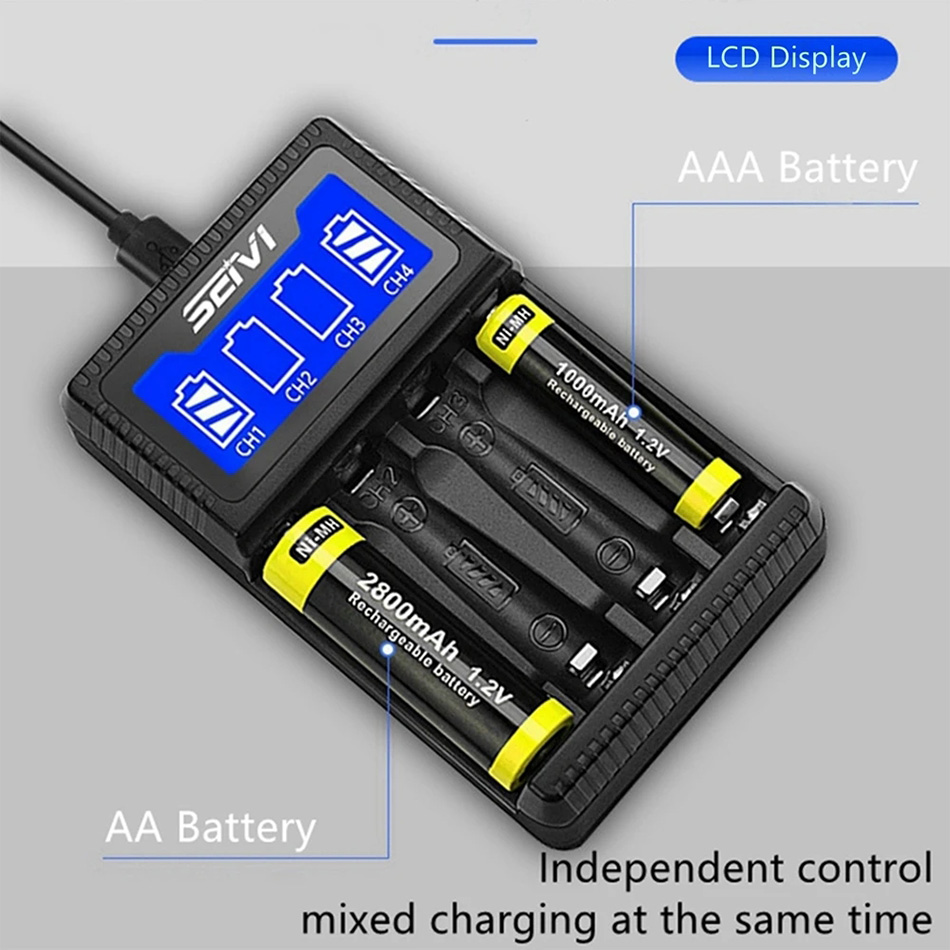 4 Slot AA AAA Battery Charger USB Chargers with LCD Display for 1.2V NiMH NiCD Rechargeable Batteries