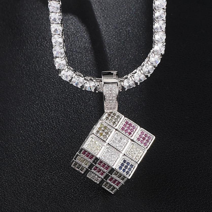 Pendentif Cube magique glacé multicolore, collier en Zircon cubique Micro pavé pour hommes et femmes, cadeaux à la mode, bijoux Hip Hop X0509284T