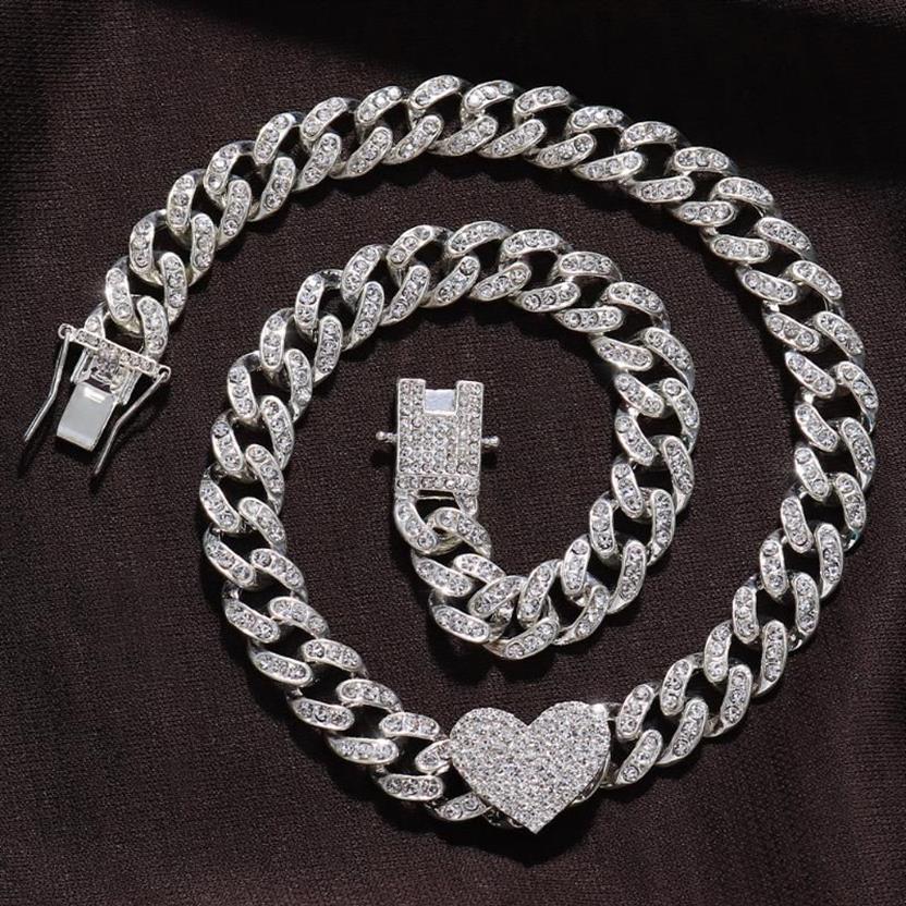 Kedjor Set Rapper Full Heavy Heart-Shaped Cuban Link Armband Iced Women For Men Necklcae Chain Prong Pave Luxury Hiphop Jewel252k