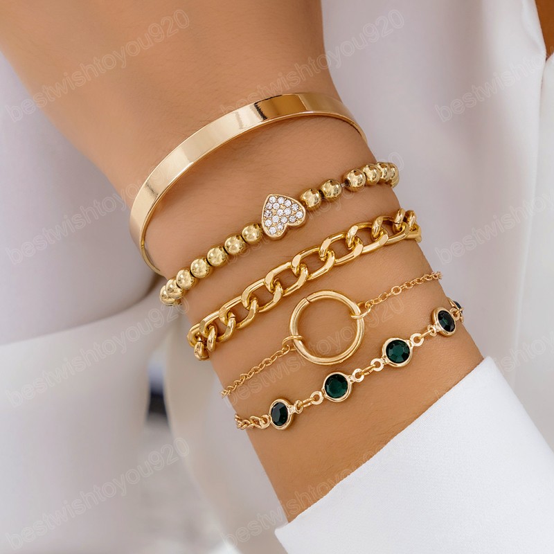 Multilayer Zircon Pärlade armband för kvinnor Link Chain Cuff Bangles Set Ladies Party Wedding Jewelry Accessories