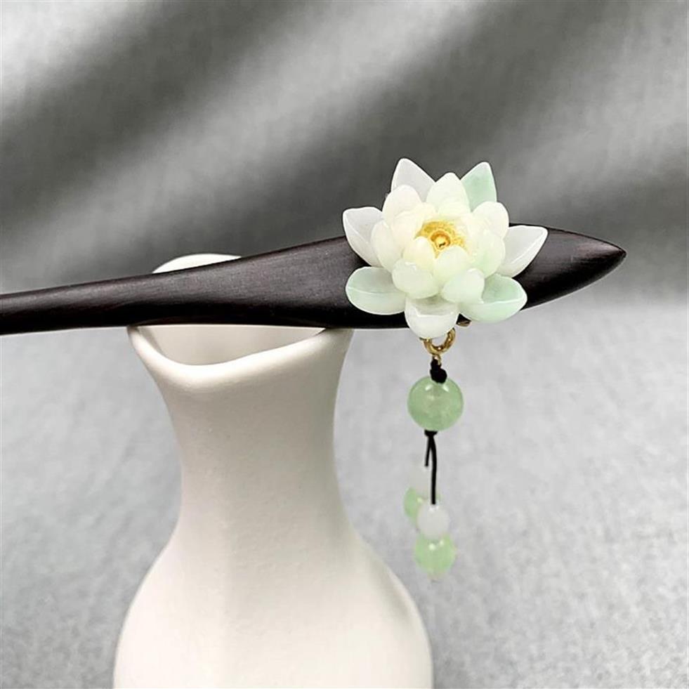 Retro barretas chinesas lotus étnico flor ébano de madeira figurina de cabelo com penas de cabelo antigo acessórios de casamento244j