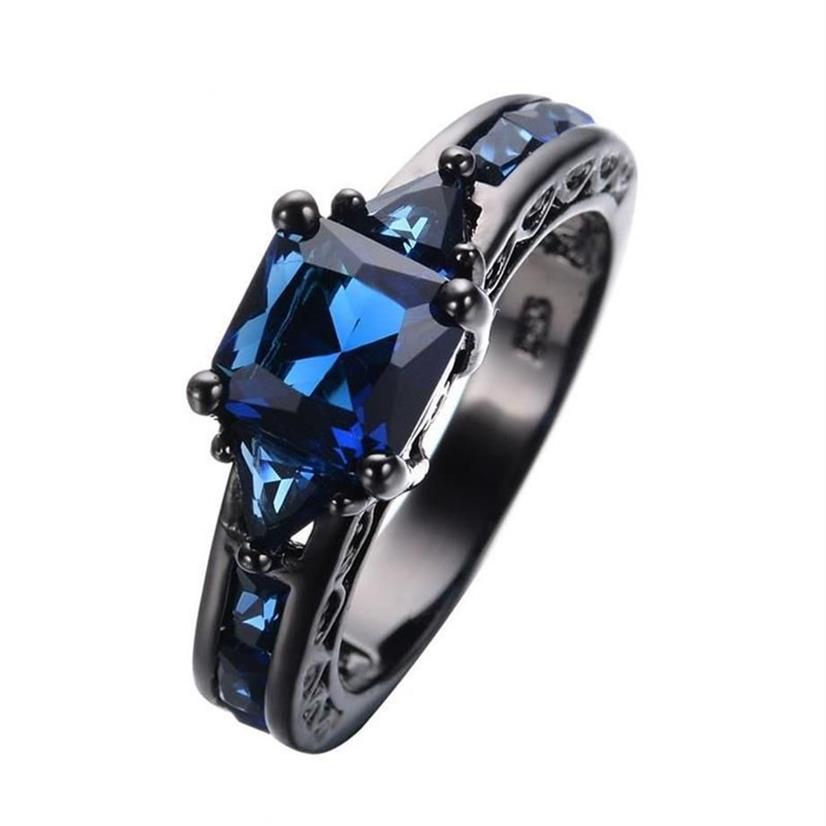 Fedi nuziali Fashion Square Blue Sapphire CZ le donne Accessorio gioielli con anello portafortuna placcato oro nero260s