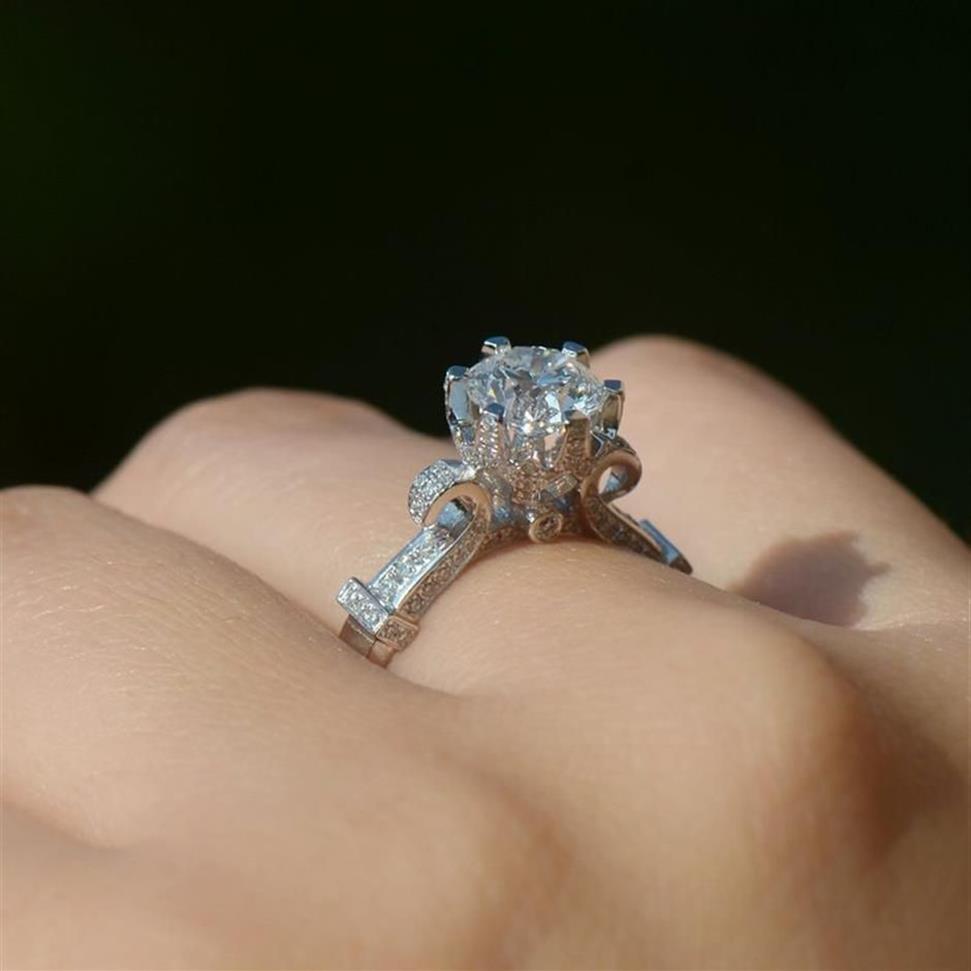 Corona de lujo con incrustaciones de diamantes CZ, anillo lleno de oro blanco de 14KT, anillo de compromiso, banda de boda, anillo de promesa de dedo para mujer 191l