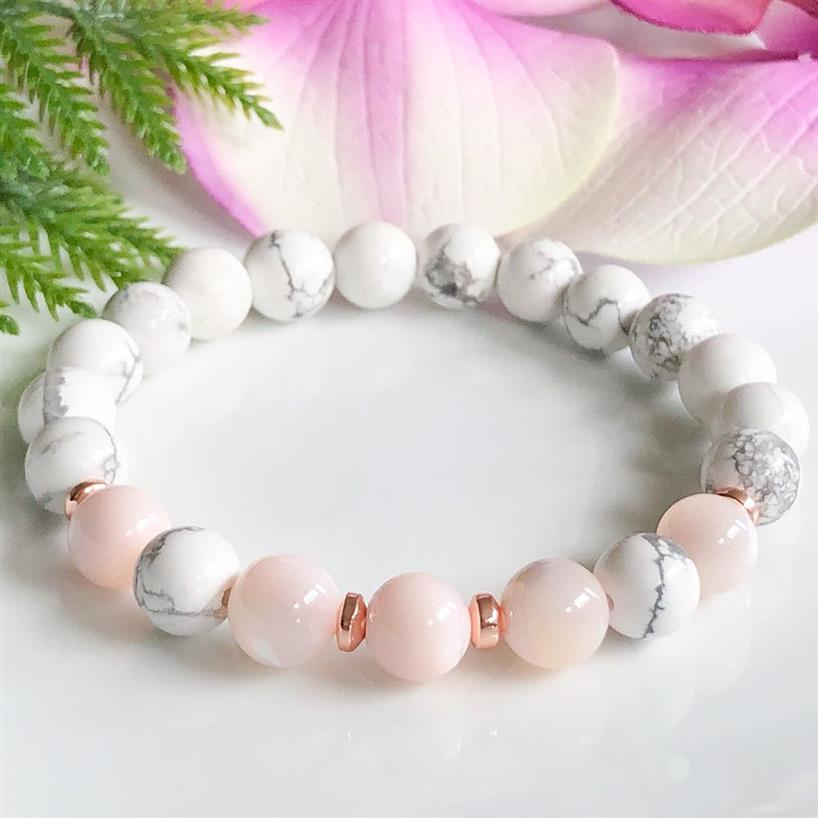 MG1106 Grado superiore Opale rosa Howlite Ansia Sollievo Protezione energetica Bracciale Cristalli curativi Bracciale Yoga Mala le donne266J