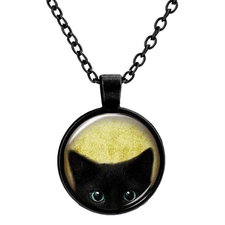 Personnalisé Vintage verre chats charmes collier argent Antique Bronze mat noir magique temps gemme pendentif pull collier cadeau Jewelr215r