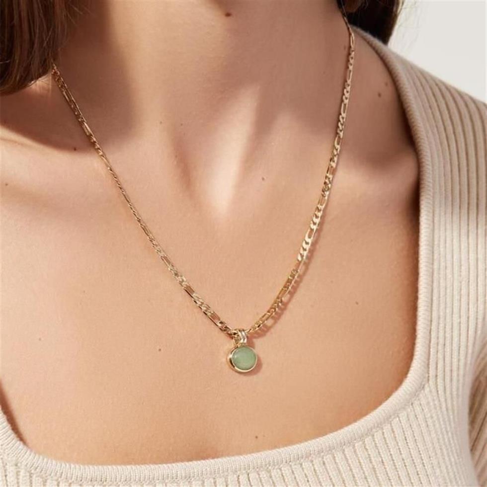 Chaînes Vintage ovale vert Aventurine pierre naturelle en acier inoxydable plaqué or chaîne collier conception simple bijoux de pierres précieuses pour W221c