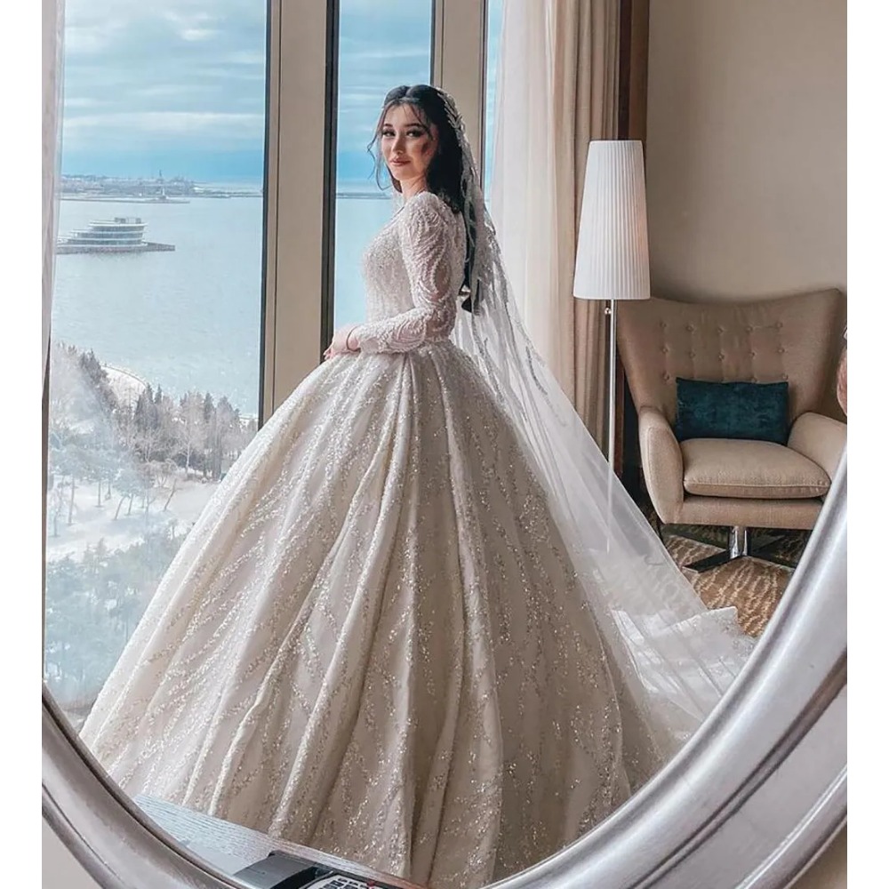 Потрясающий мобр 2024 Блеск белые блестки кормят свадебные платья с длинными рукавами прозрачная шея плюс размеры.